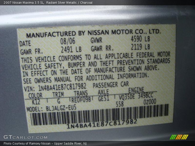 Radiant Silver Metallic / Charcoal 2007 Nissan Maxima 3.5 SL
