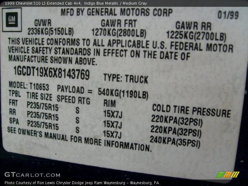 Indigo Blue Metallic / Medium Gray 1999 Chevrolet S10 LS Extended Cab 4x4
