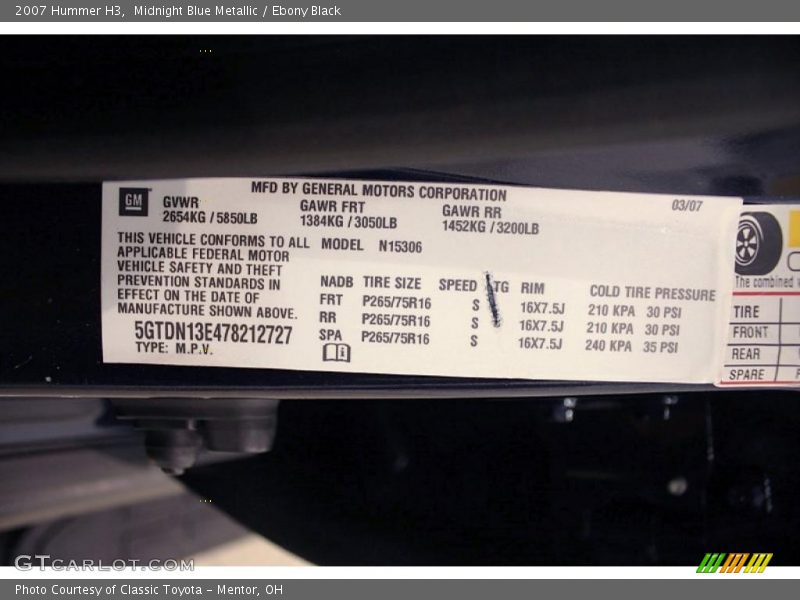 Midnight Blue Metallic / Ebony Black 2007 Hummer H3