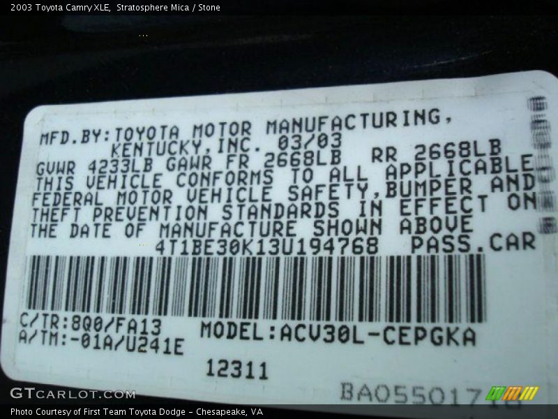 Stratosphere Mica / Stone 2003 Toyota Camry XLE