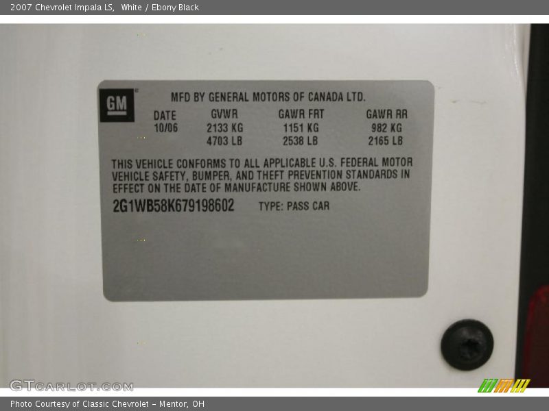 White / Ebony Black 2007 Chevrolet Impala LS