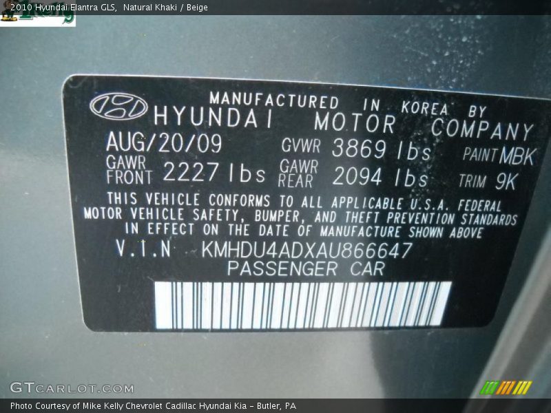 Natural Khaki / Beige 2010 Hyundai Elantra GLS