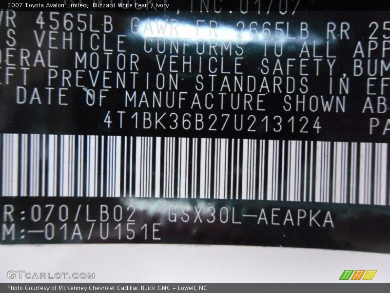 Blizzard White Pearl / Ivory 2007 Toyota Avalon Limited
