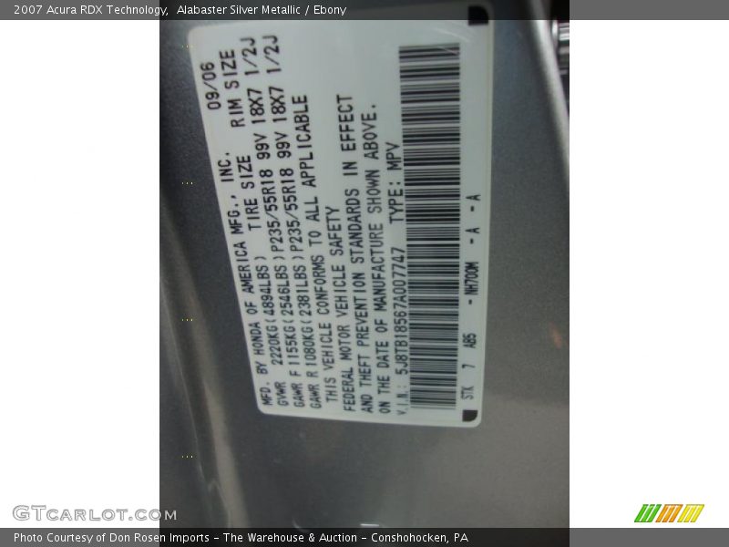 Alabaster Silver Metallic / Ebony 2007 Acura RDX Technology