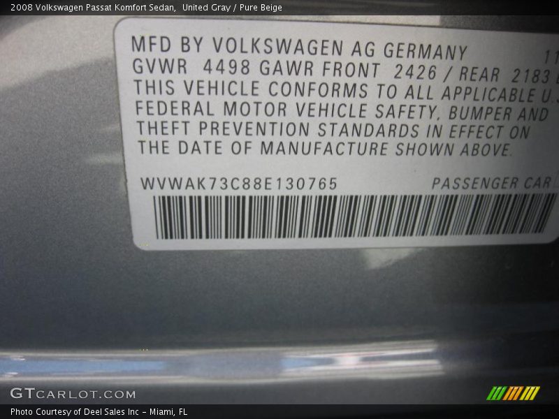 United Gray / Pure Beige 2008 Volkswagen Passat Komfort Sedan