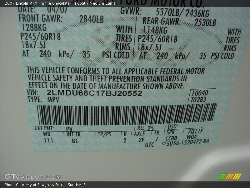 2007 MKX  White Chocolate Tri Coat Color Code PV