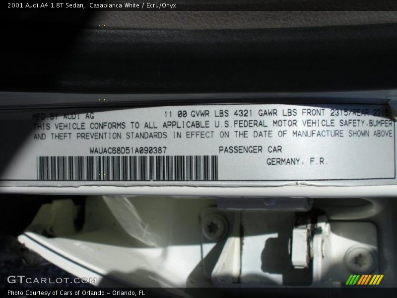 Casablanca White / Ecru/Onyx 2001 Audi A4 1.8T Sedan