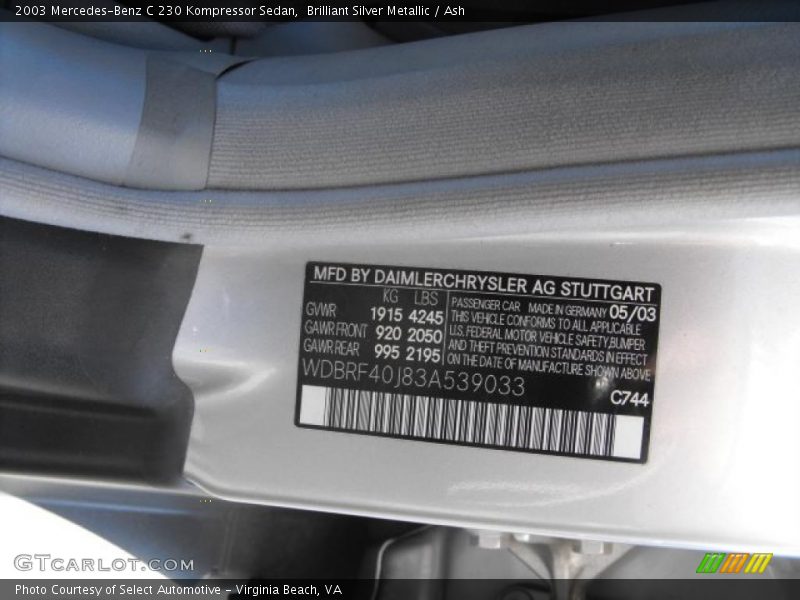 Brilliant Silver Metallic / Ash 2003 Mercedes-Benz C 230 Kompressor Sedan