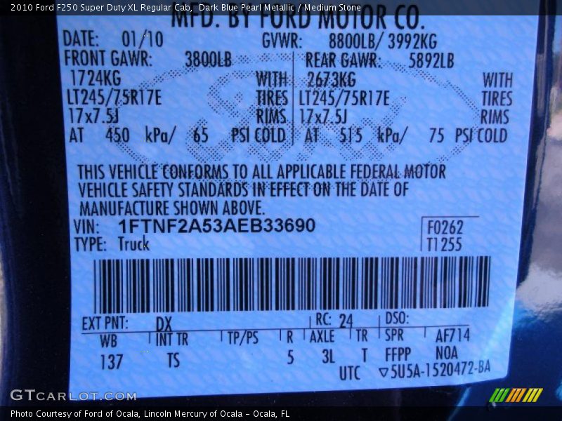 Dark Blue Pearl Metallic / Medium Stone 2010 Ford F250 Super Duty XL Regular Cab