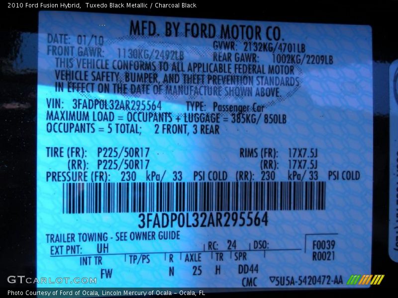 Tuxedo Black Metallic / Charcoal Black 2010 Ford Fusion Hybrid