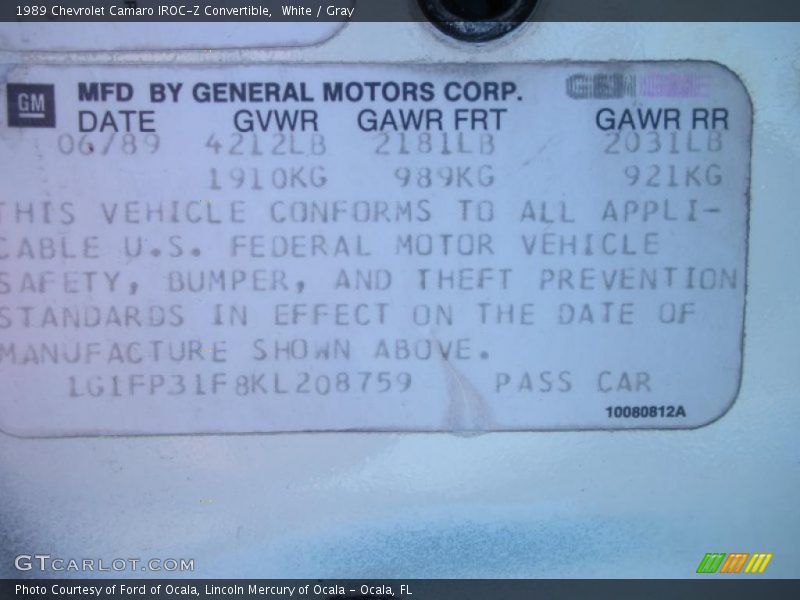 White / Gray 1989 Chevrolet Camaro IROC-Z Convertible