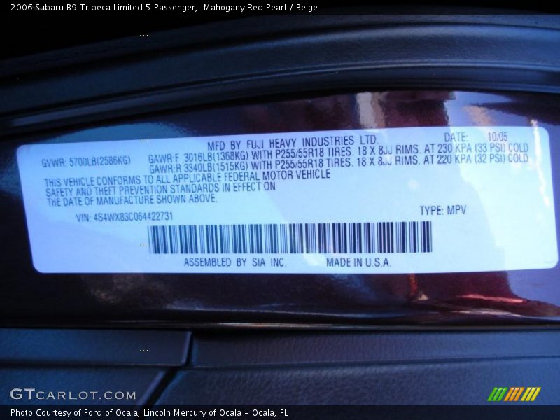Mahogany Red Pearl / Beige 2006 Subaru B9 Tribeca Limited 5 Passenger