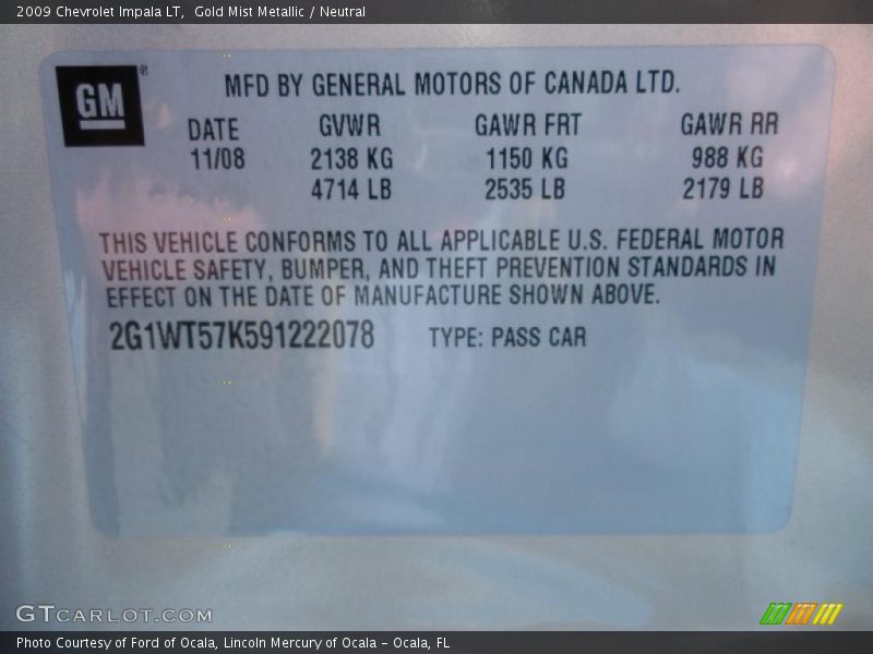 Gold Mist Metallic / Neutral 2009 Chevrolet Impala LT