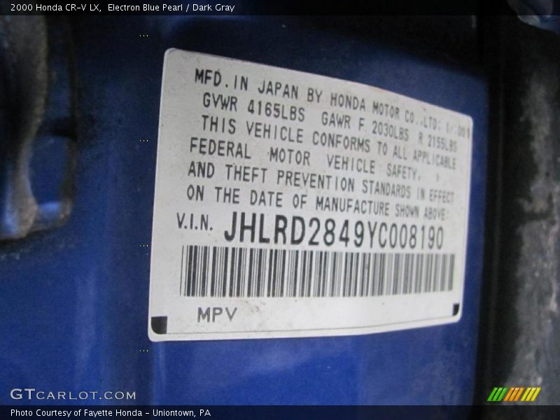 Electron Blue Pearl / Dark Gray 2000 Honda CR-V LX