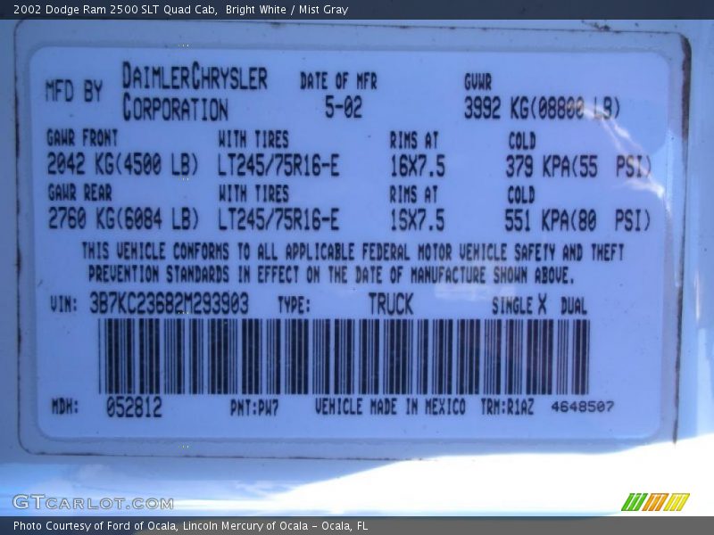 Bright White / Mist Gray 2002 Dodge Ram 2500 SLT Quad Cab