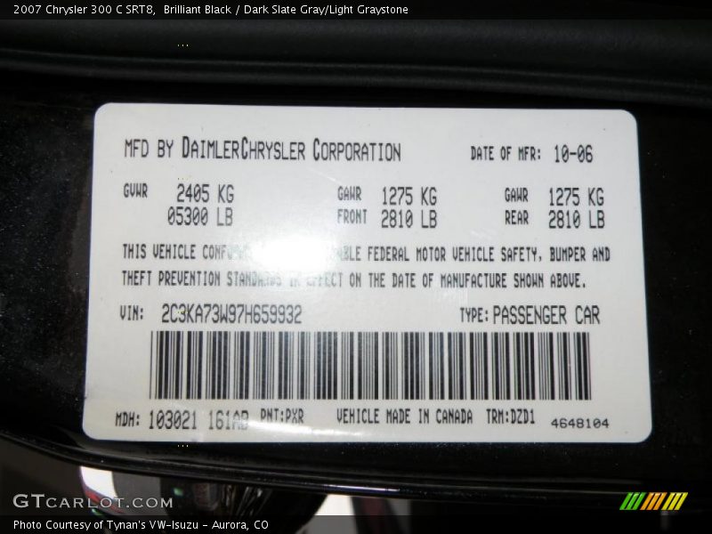 Brilliant Black / Dark Slate Gray/Light Graystone 2007 Chrysler 300 C SRT8