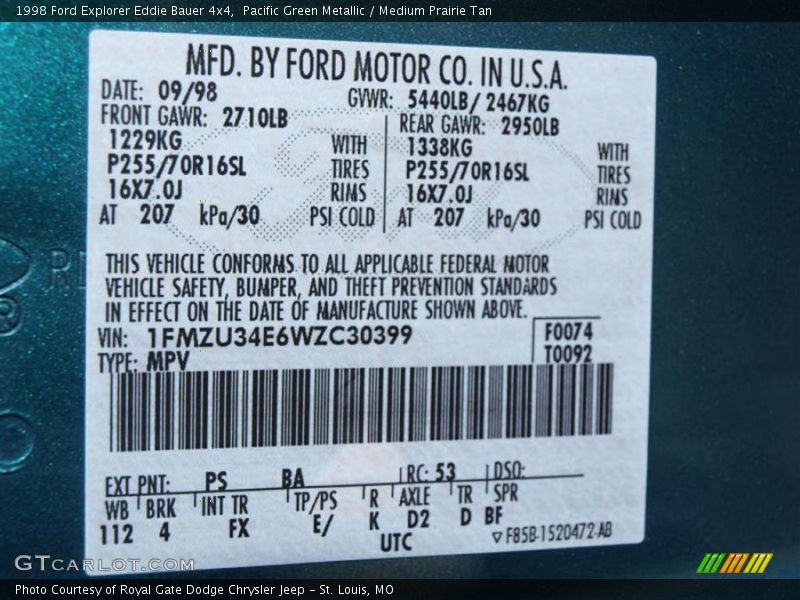 Pacific Green Metallic / Medium Prairie Tan 1998 Ford Explorer Eddie Bauer 4x4