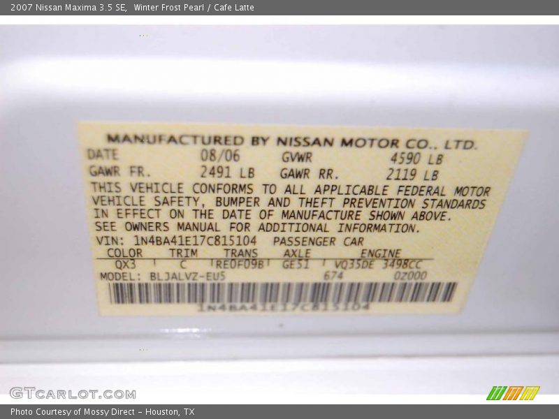 Winter Frost Pearl / Cafe Latte 2007 Nissan Maxima 3.5 SE