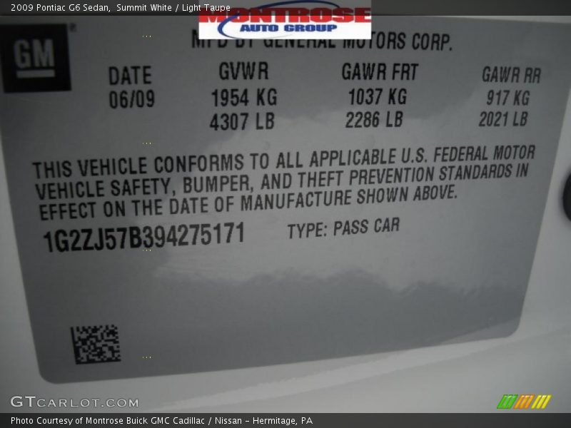 Summit White / Light Taupe 2009 Pontiac G6 Sedan