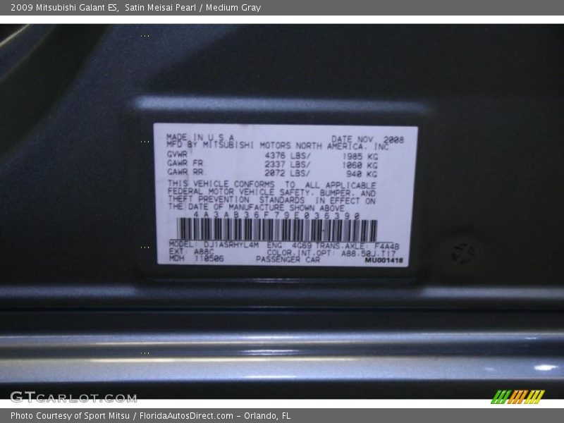 Satin Meisai Pearl / Medium Gray 2009 Mitsubishi Galant ES