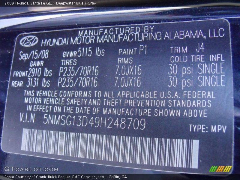 Deepwater Blue / Gray 2009 Hyundai Santa Fe GLS