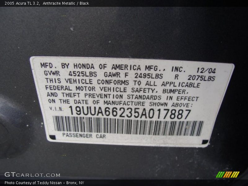 Anthracite Metallic / Black 2005 Acura TL 3.2