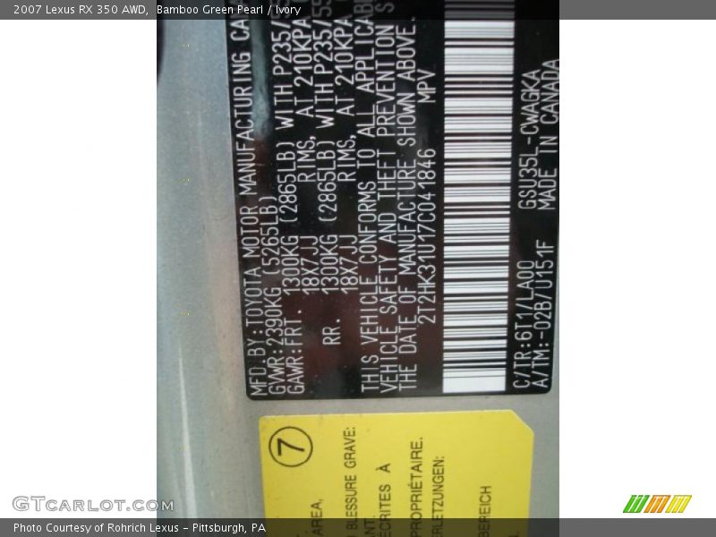 Bamboo Green Pearl / Ivory 2007 Lexus RX 350 AWD