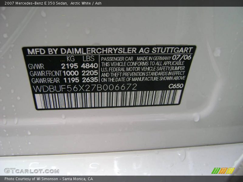 Arctic White / Ash 2007 Mercedes-Benz E 350 Sedan