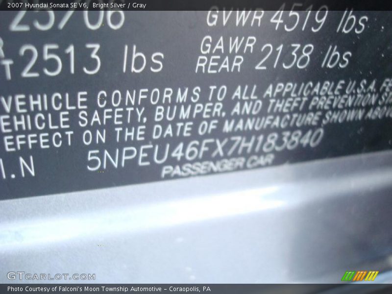Bright Silver / Gray 2007 Hyundai Sonata SE V6