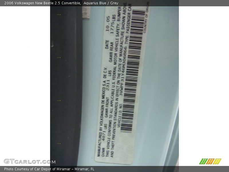 Aquarius Blue / Grey 2006 Volkswagen New Beetle 2.5 Convertible