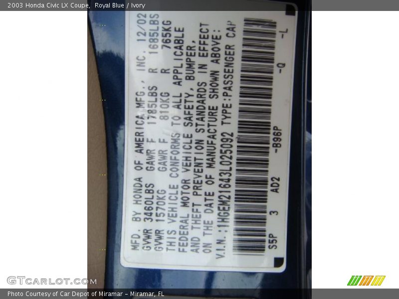 Royal Blue / Ivory 2003 Honda Civic LX Coupe
