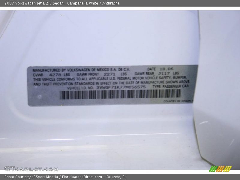 Campanella White / Anthracite 2007 Volkswagen Jetta 2.5 Sedan