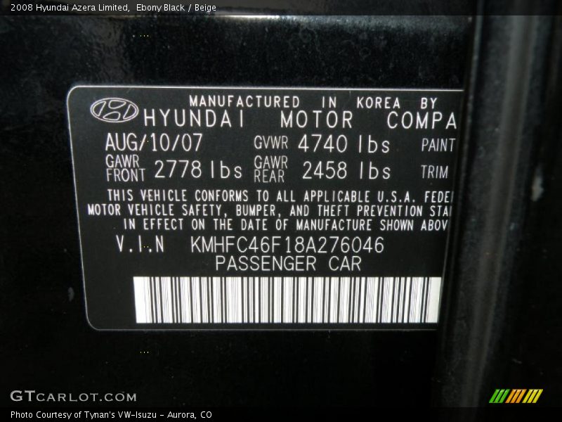 Ebony Black / Beige 2008 Hyundai Azera Limited