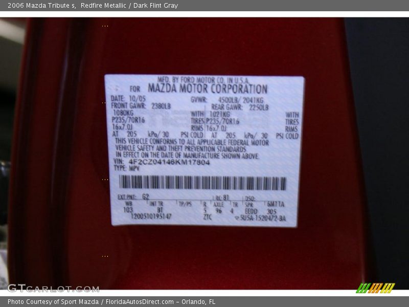 Redfire Metallic / Dark Flint Gray 2006 Mazda Tribute s