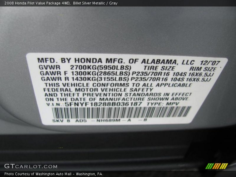 Billet Silver Metallic / Gray 2008 Honda Pilot Value Package 4WD