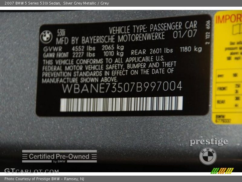 Silver Grey Metallic / Grey 2007 BMW 5 Series 530i Sedan