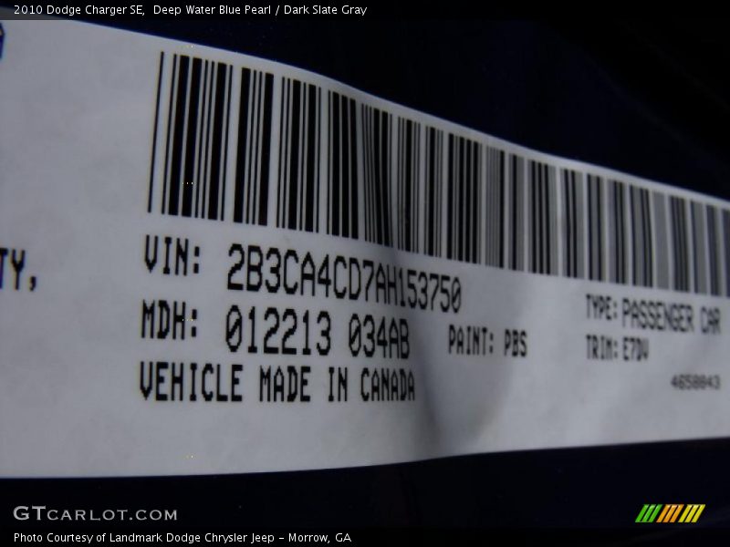 Deep Water Blue Pearl / Dark Slate Gray 2010 Dodge Charger SE