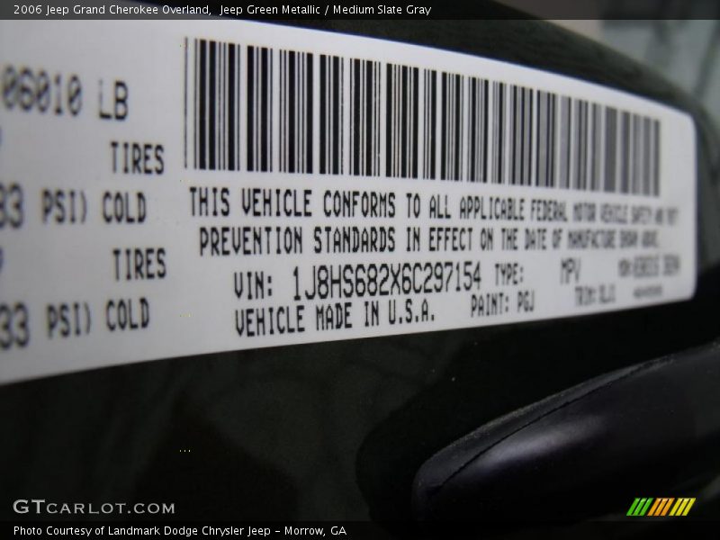 2006 Grand Cherokee Overland Jeep Green Metallic Color Code PGJ