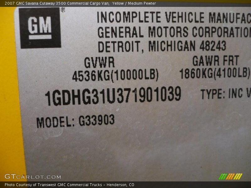 Yellow / Medium Pewter 2007 GMC Savana Cutaway 3500 Commercial Cargo Van