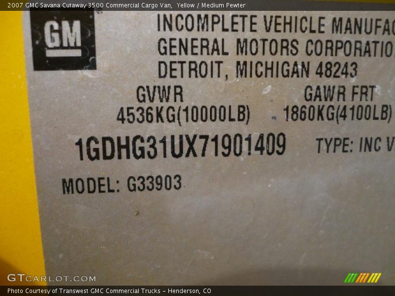 Yellow / Medium Pewter 2007 GMC Savana Cutaway 3500 Commercial Cargo Van