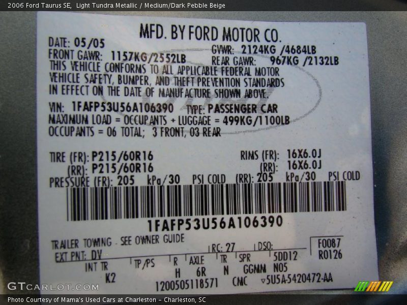Light Tundra Metallic / Medium/Dark Pebble Beige 2006 Ford Taurus SE