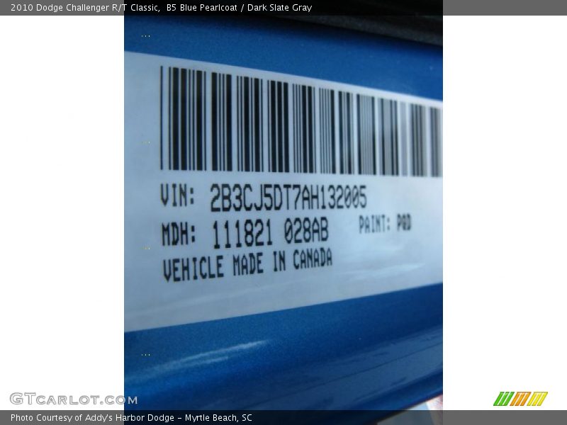 B5 Blue Pearlcoat / Dark Slate Gray 2010 Dodge Challenger R/T Classic