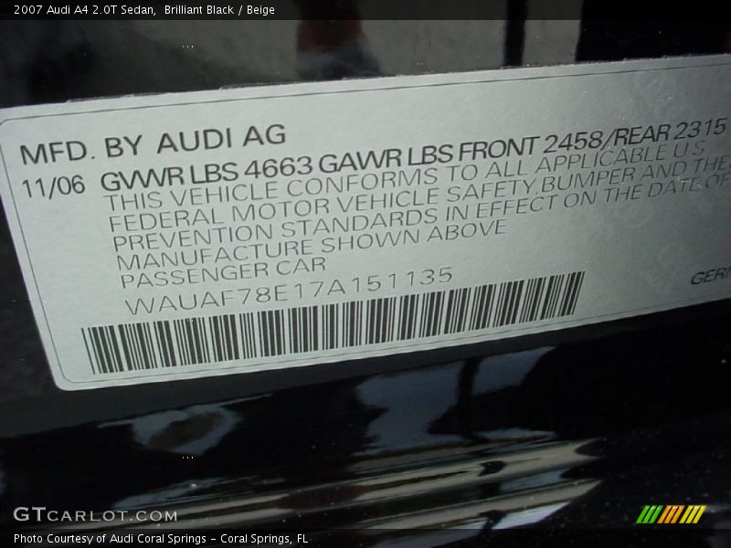 Brilliant Black / Beige 2007 Audi A4 2.0T Sedan