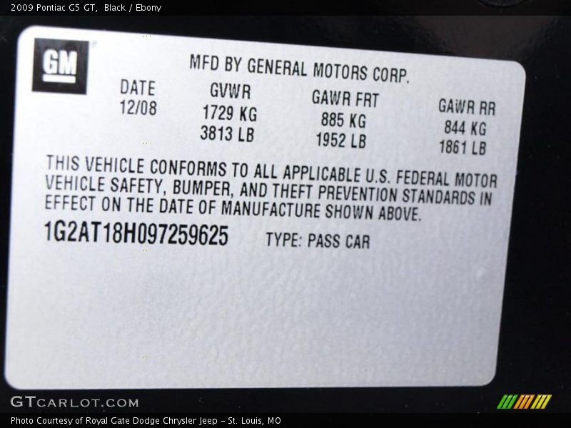 Black / Ebony 2009 Pontiac G5 GT