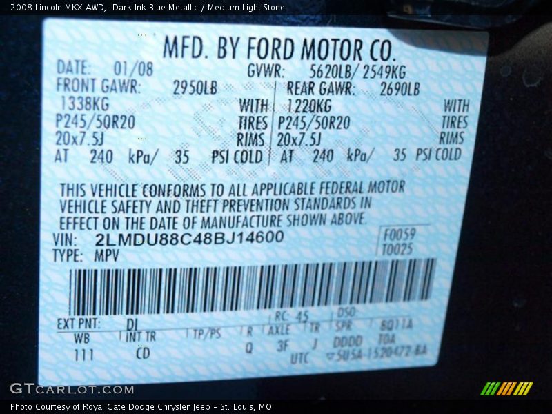 Dark Ink Blue Metallic / Medium Light Stone 2008 Lincoln MKX AWD