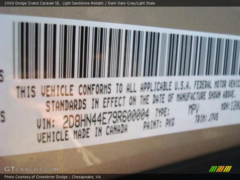 Light Sandstone Metallic / Dark Slate Gray/Light Shale 2009 Dodge Grand Caravan SE