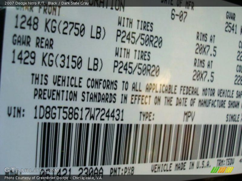 Black / Dark Slate Gray 2007 Dodge Nitro R/T