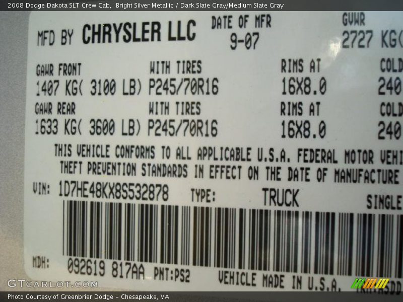 Bright Silver Metallic / Dark Slate Gray/Medium Slate Gray 2008 Dodge Dakota SLT Crew Cab