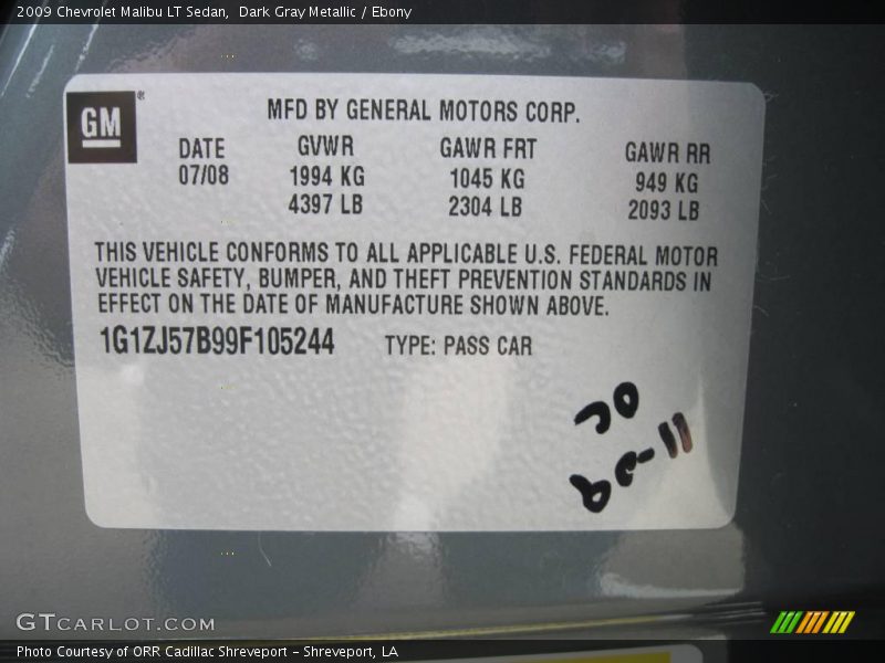 Dark Gray Metallic / Ebony 2009 Chevrolet Malibu LT Sedan