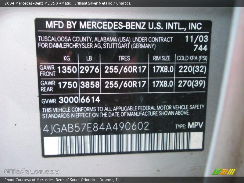 Brilliant Silver Metallic / Charcoal 2004 Mercedes-Benz ML 350 4Matic